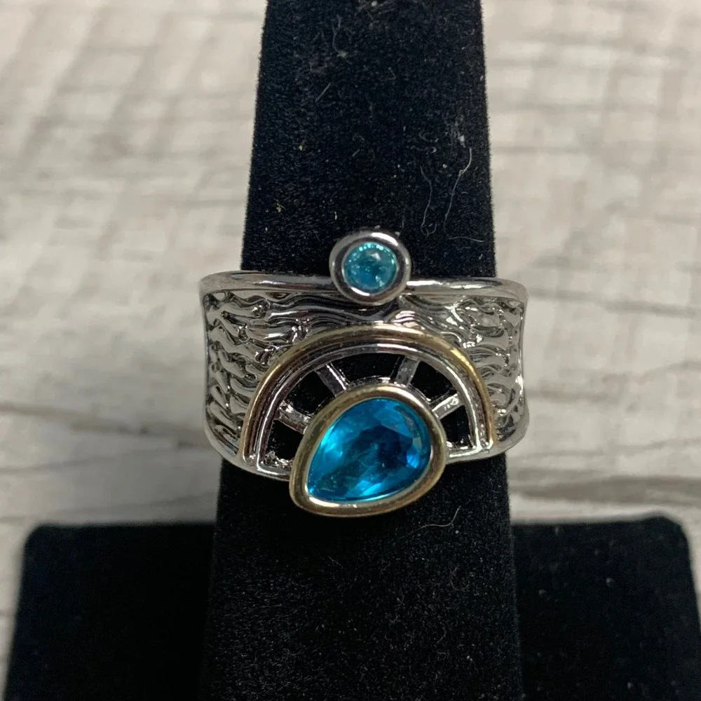 Blue Pear Stone Textured Wide Band Ring Silver Gold Tone Statement Size 7.5